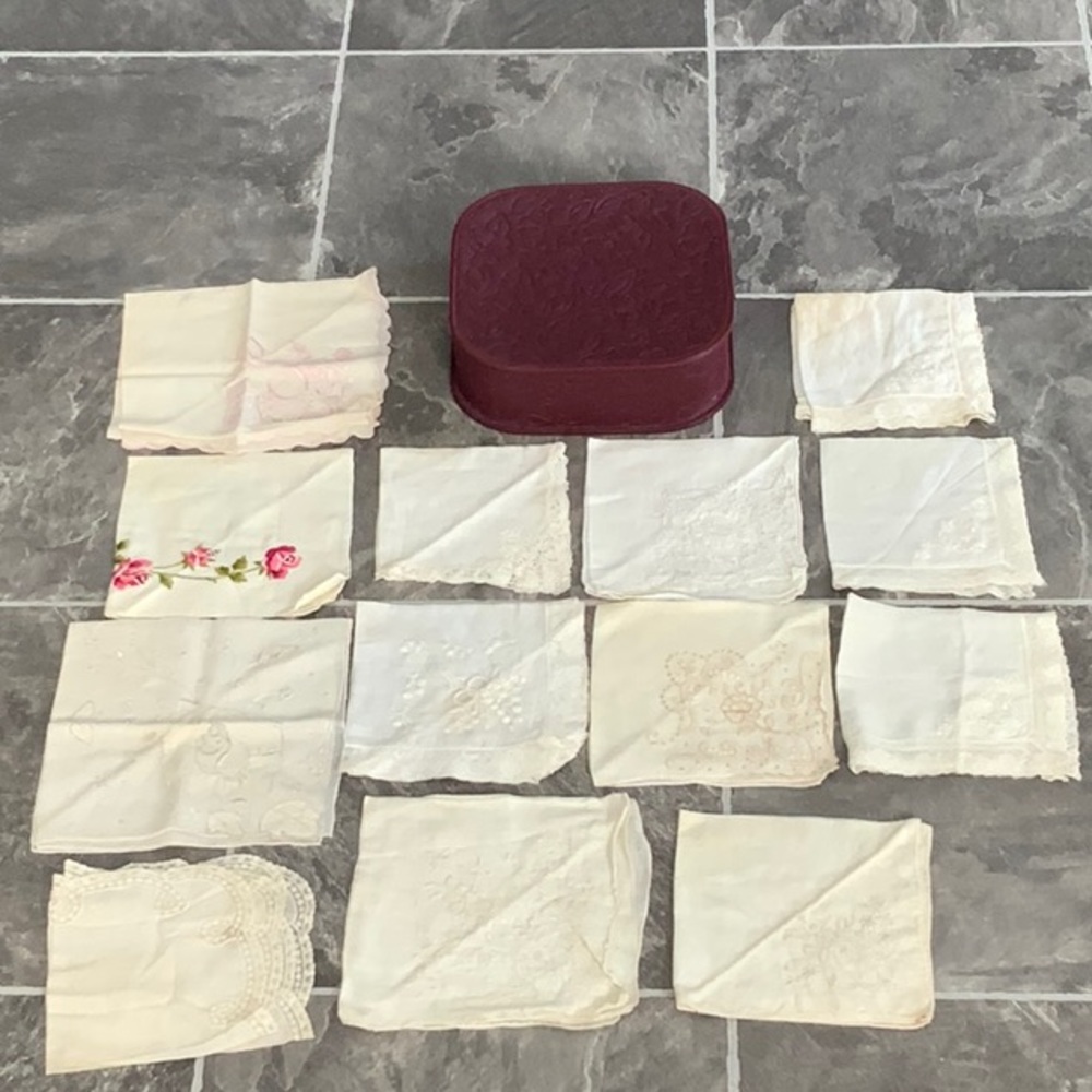 Vintage Handkerchiefs in Antique Box & Antique Organizer